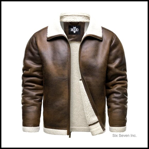 Vintage Distressed Faux Leather Bomber Jacket with Faux Shearling